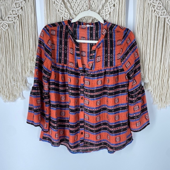 Jack Long Sleeve 3/4 Button Up Top Blouse Aztec - Picture 1 of 7